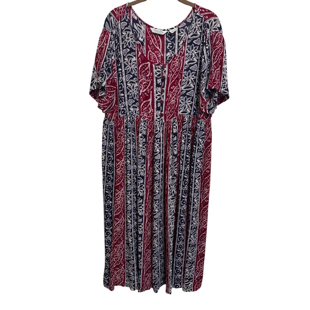 Vintage Red White Blue Midi Dress Size L Short Sleeve 90's Relaxed Cottagecore